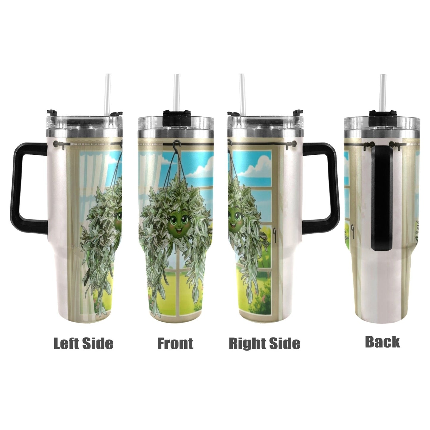 Plant Love Pistachio White Tradescantia 40oz Stainless Steeln Tumbler 40oz Tumbler with Black Handle