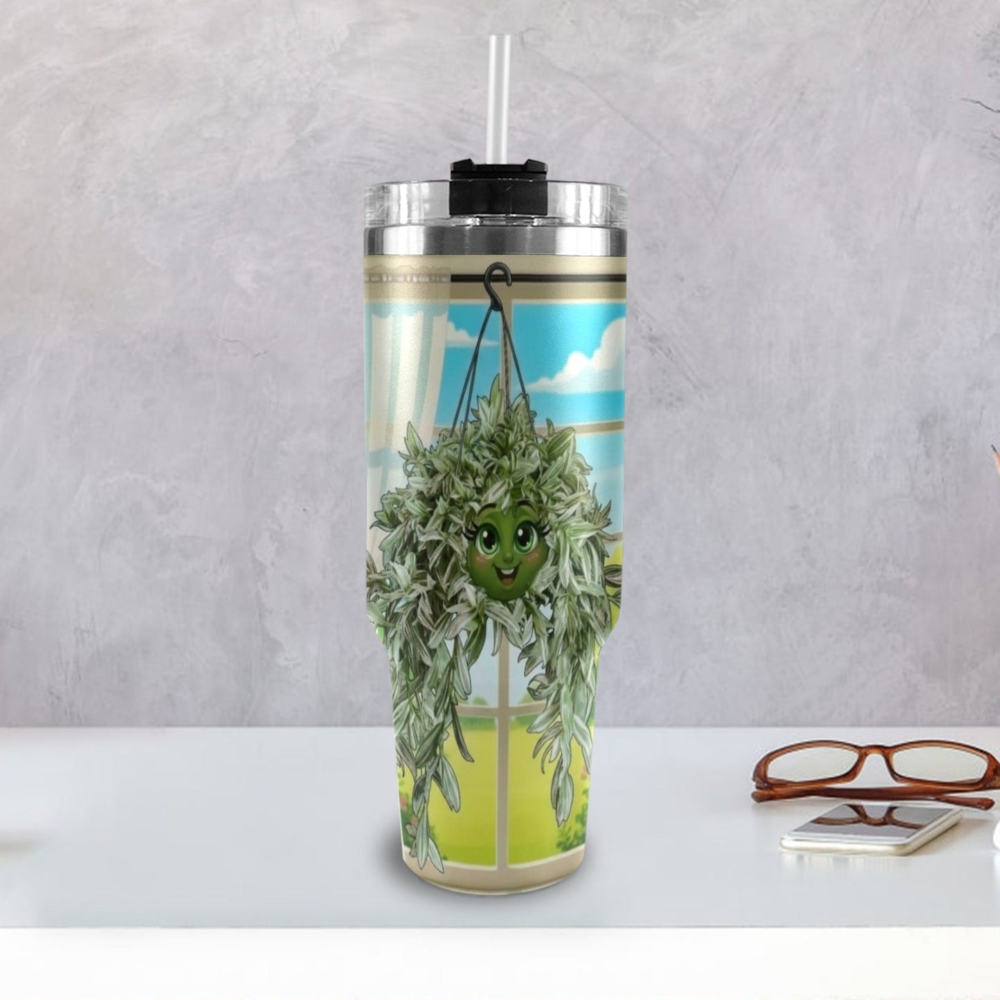 Plant Love Pistachio White Tradescantia 40oz Stainless Steeln Tumbler 40oz Tumbler with Black Handle