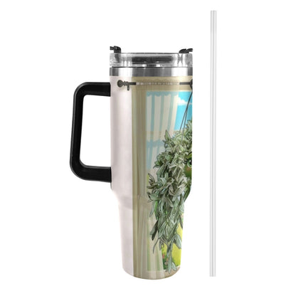 Plant Love Pistachio White Tradescantia 40oz Stainless Steeln Tumbler 40oz Tumbler with Black Handle